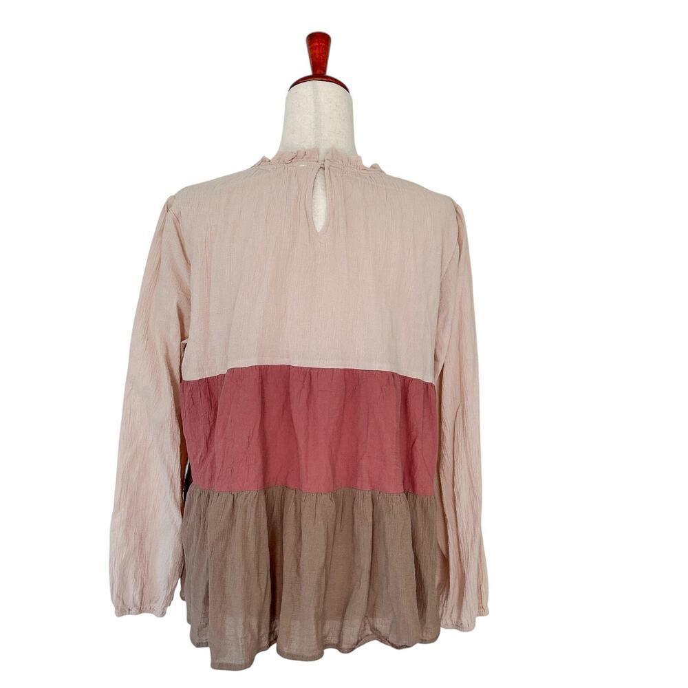 &Merci Blouse Size Large Tricolor Ruffled Blouse Southern Preppy Boho Colorblock - Picture 6 of 11